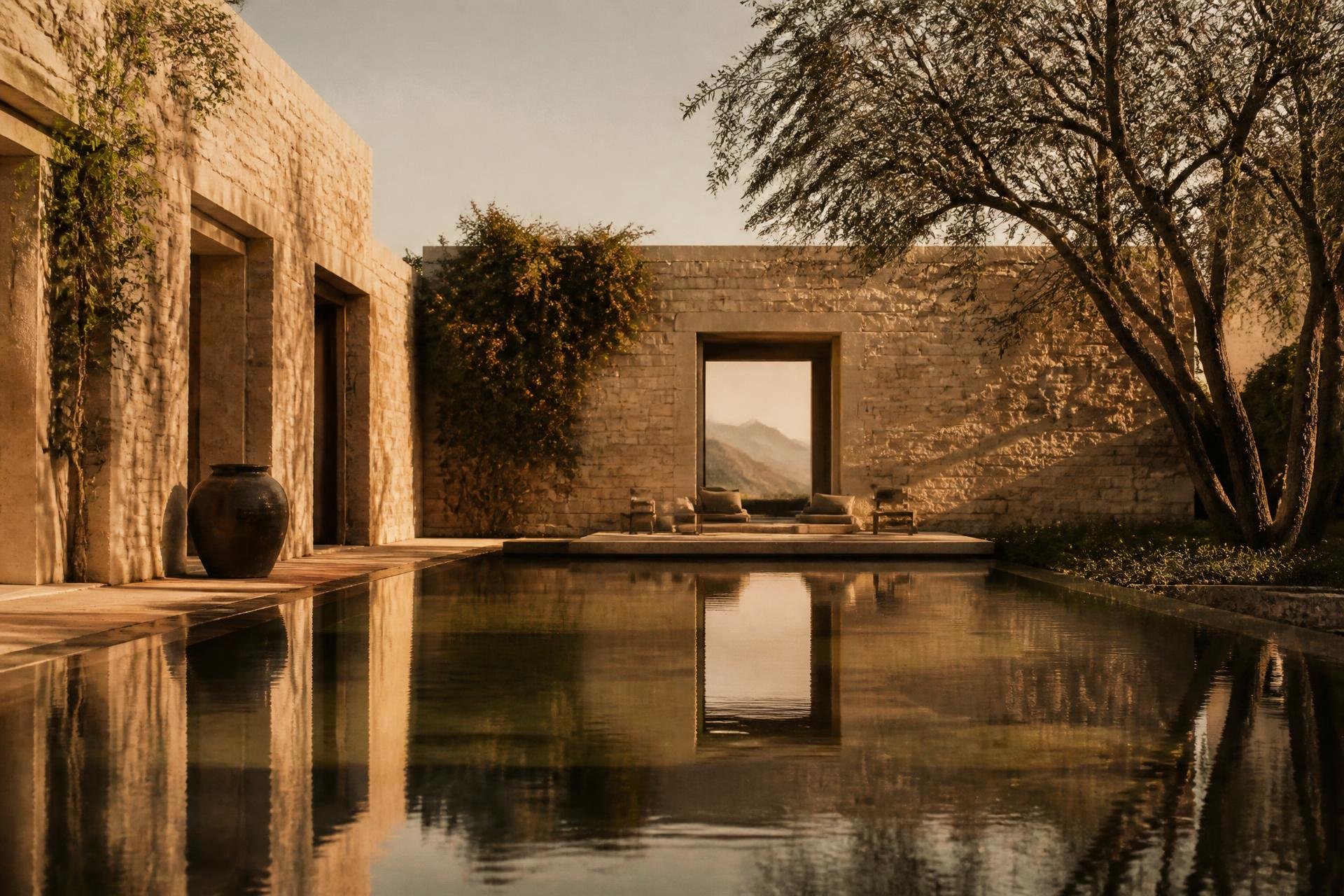 Warm stone courtyard with a calm reflecting pool at golden hour